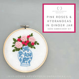 Pink Roses + Hydrangeas in Ginger Jar Hand Embroidery Kit -