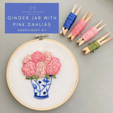 Ginger Jar with Pink Dahlias - Intermediate Embroidery Kit -