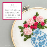 Pink Roses + Hydrangeas in Ginger Jar Hand Embroidery Kit -