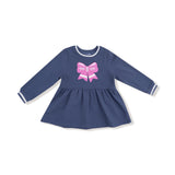 French Terry Sport Varsity Navy Dress w/ Pink Bow Appliqué