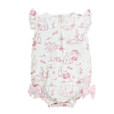 pink toile bunnies printed bubble w/ruffles and bows