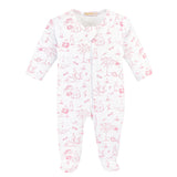 pink toile bunnies printed zipped footie