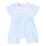 Mini Checks Blue Smocked Collared Playsuit