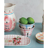 Stoneware Berry Bowl with Plaid and Floral Pattern