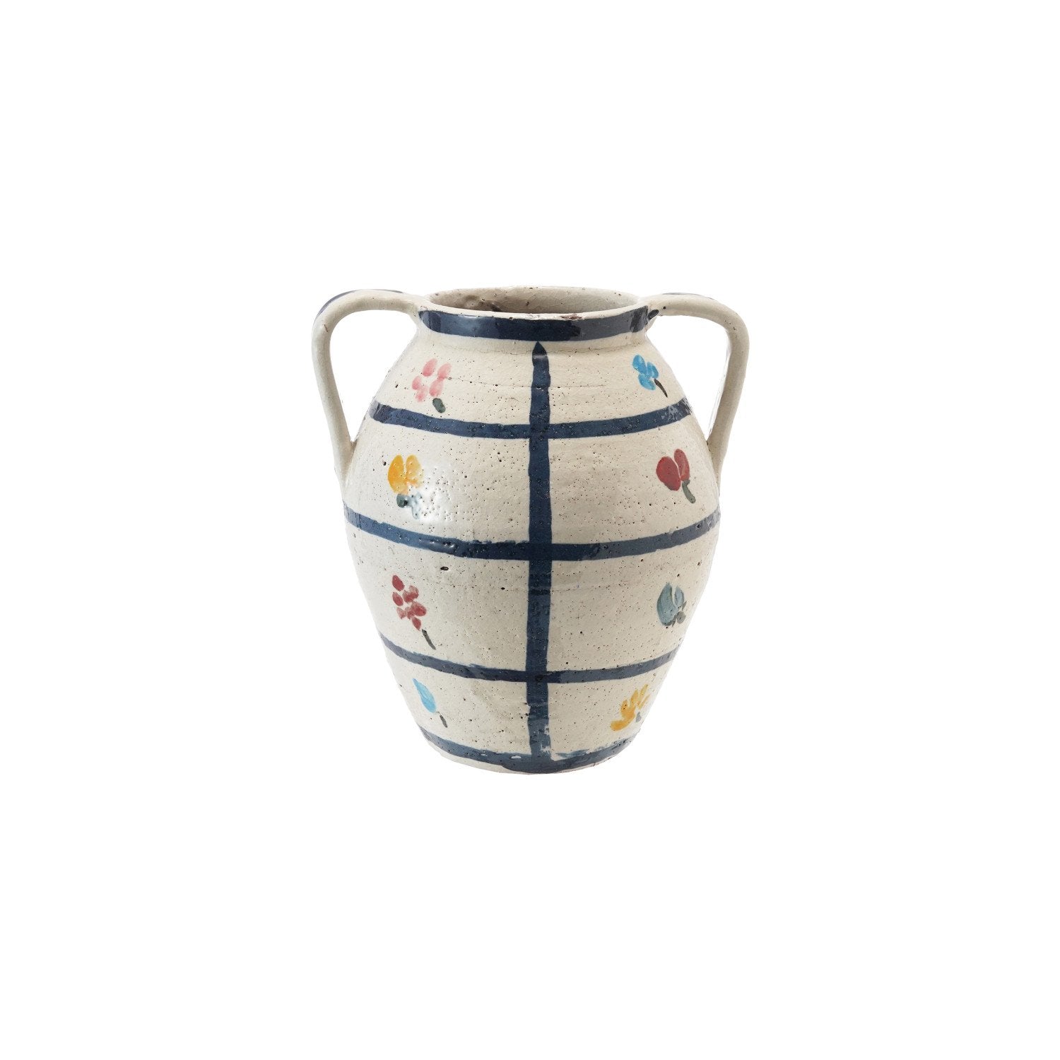 Hand-Painted Terra-cotta Urn w/ Flowers & Grid Pattern, Crackle Glaze (Each One Will Vary)