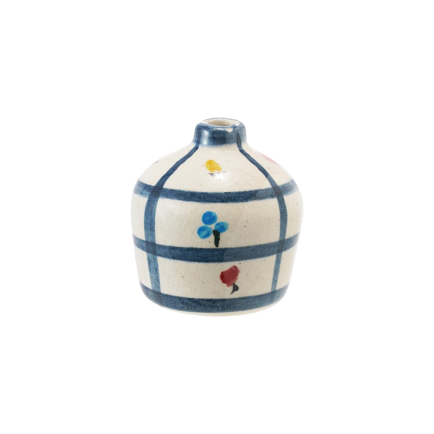 Hand-Painted Terra-cotta Vase w/ Flowers & Grid Pattern, Crackle Glaze (Each One Will Vary)