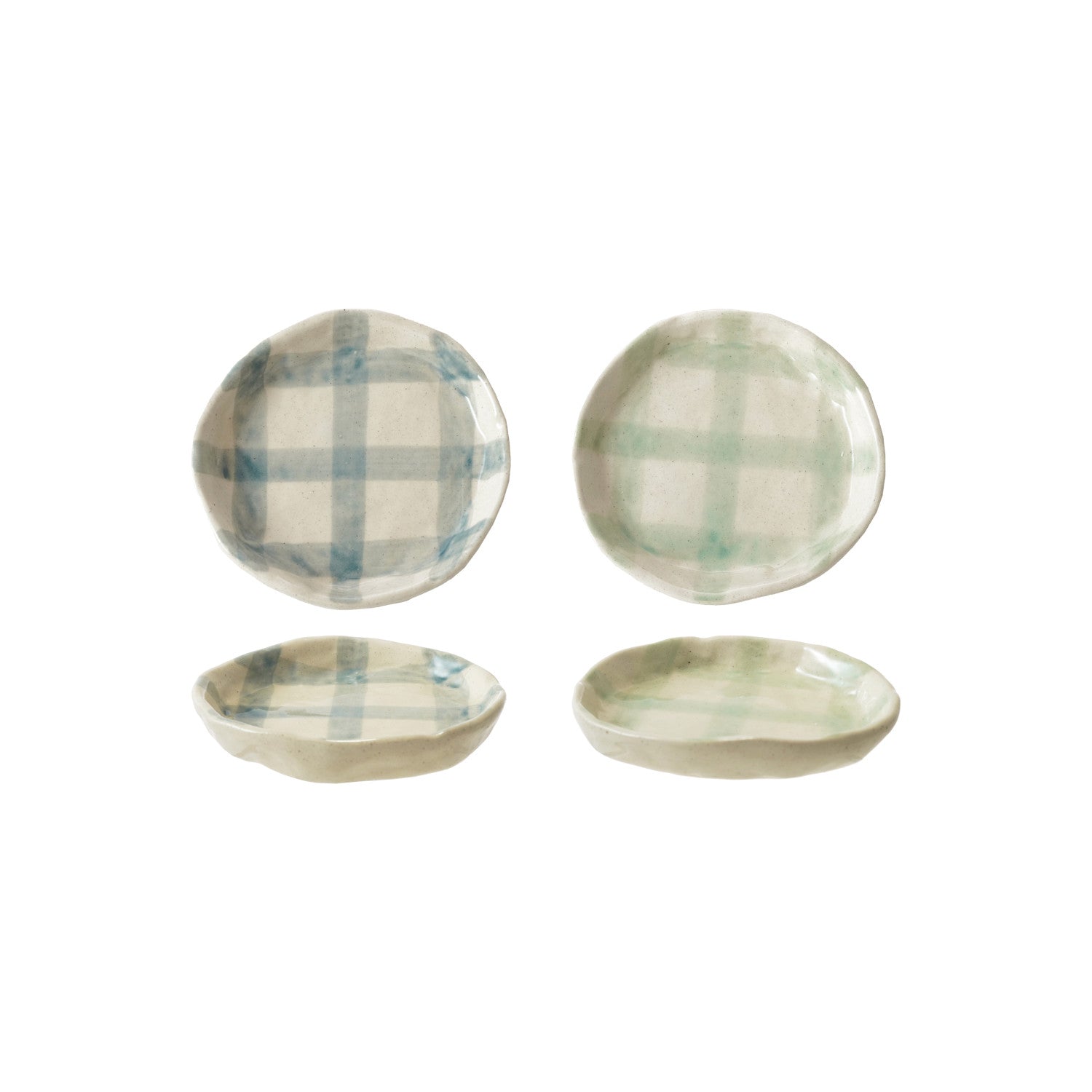 Hand-Painted Stoneware Plate w/ Grid Pattern, Reactive Glaze, 2 Colors (Each One Will Vary)