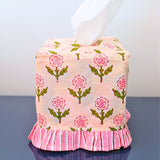 Ruffled Tissue Box Cover in Mona Pink Blockprint