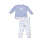 Romi Floral Waffle Pull Over with Ruffle and Rib Bow Applique w Rib Leggings