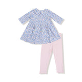 Country Calico Box Pleat Dress W/ 3/4 Sleeve + Peterpan Collar & Rib Leggings