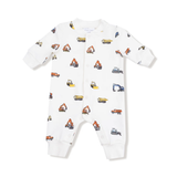 Construction Vehicles French Terry Baseball Collar Romper With Front Placket