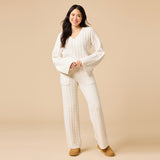 Cable Knit Marshmallow V-Neck with Flared Sleeve a