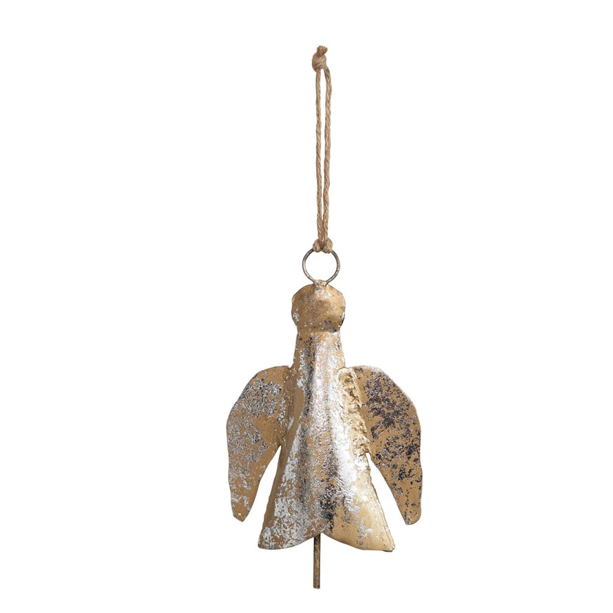 Metal Bell Angel Ornament, Distressed Gold & Silver Finish