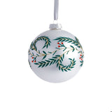 Metallic White Glass Ball Ornament w/Green Leaf Decal