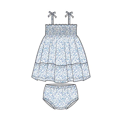 Blue Calico Floral Tie Strap Smocked Sun Dresss Diaper Cover